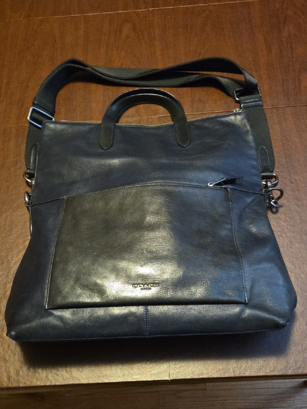 Coach Black Leather Messenger Tote with Front Zip Pocket